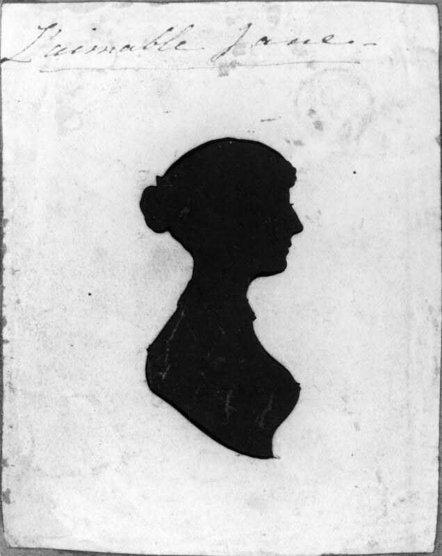 A sihouette of a woman's head and bust which has been created an unknown artist and thought to have been created around 1800 to 1815 and could possibly be of Jane Austen 
