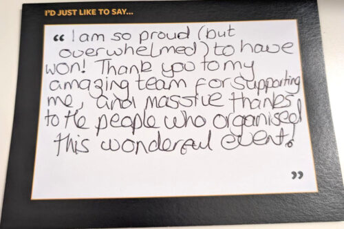 I am so proud (but overwhelmed) to have won! Thank you to my amazing team for supporting me, and massive thanks to the people who organised this wonderful event!