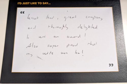 Great food, great company and thoroughly delighted to win an award! Also super proud that my wife won too!