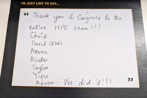 Thank you and congrats to the entire HPC team! Chris, David, Aaron, Alister, Taylor, Yifu, Aaron. We did it!