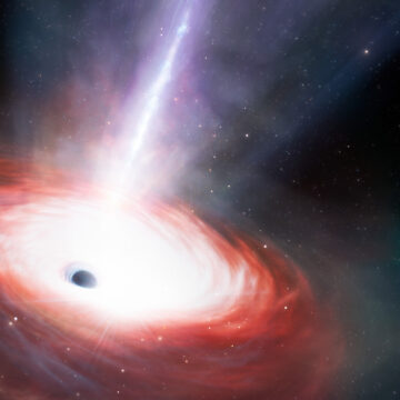 Artwork which shows a black hole with swirls of red around it, emitting lots of light.