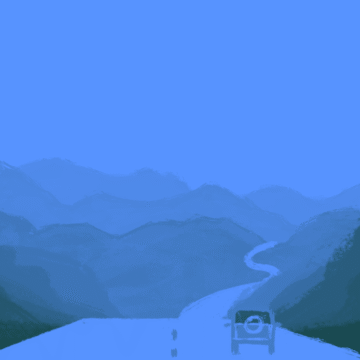 A blue animation showing a car on a long winding, surrounded by mountainous terrain