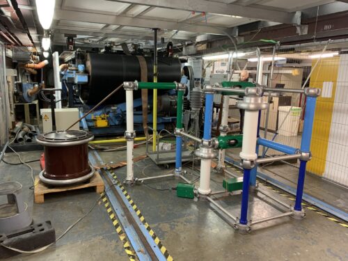 High Voltage equipment that was taken and constructed under RJ Mitchel Wind Tunnel capable of delivering 200,000 Volt lightning impulses.