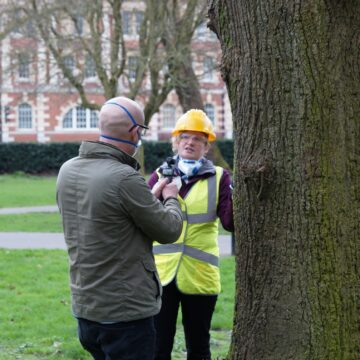 Two people are stood next to a large tree - one is wearing a hi-vis vest and a hard hat whilst the other is holding a camera.